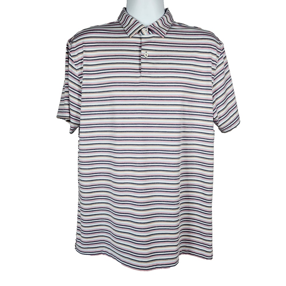 Peter Millar Mens Large Polo Golf Shirt Short Sleeve Stripes Blue / Pink